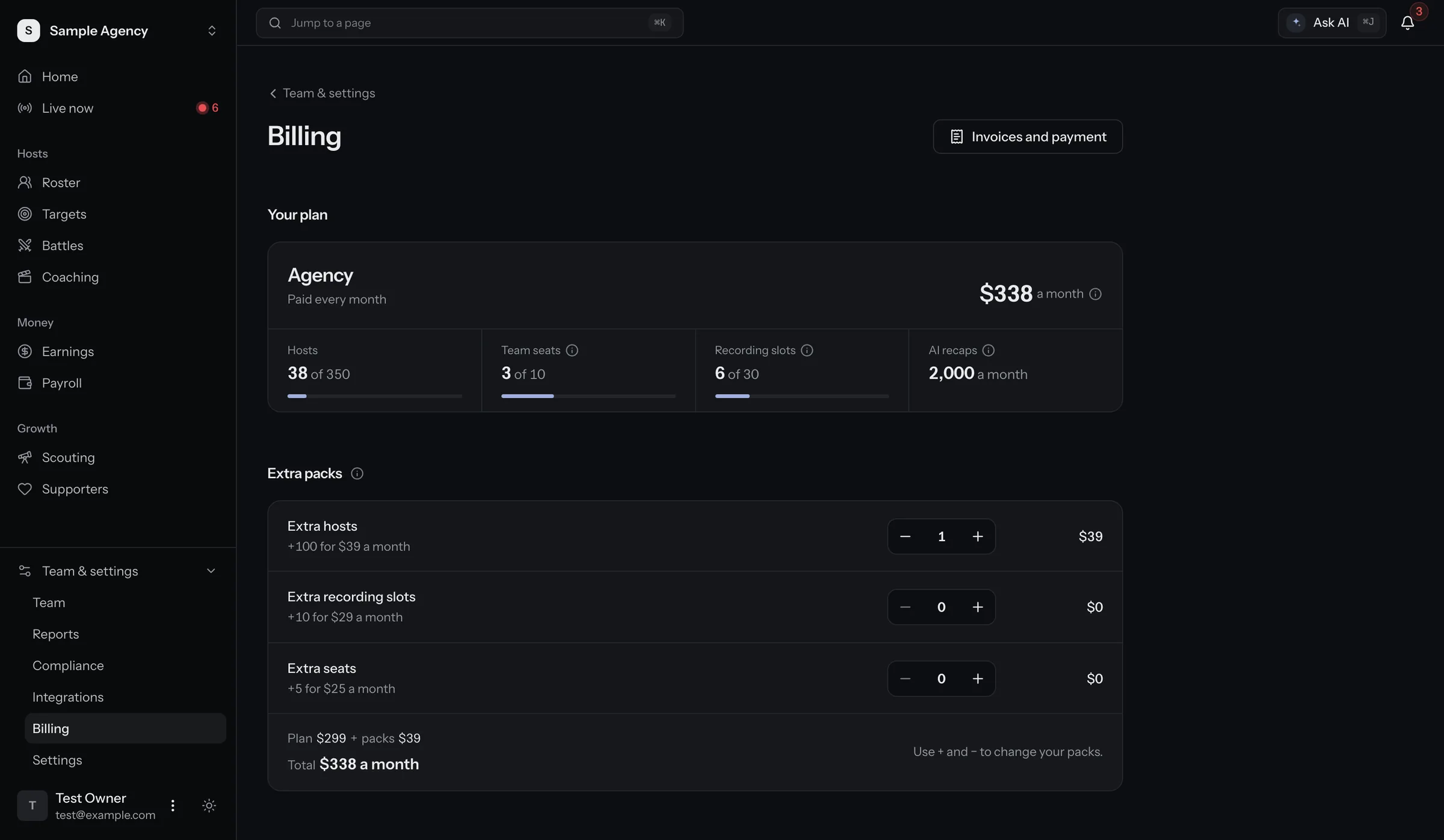 Billing page. The current plan with hosts, seats and recording slots used, plus extra packs you can add or remove. Sample data.