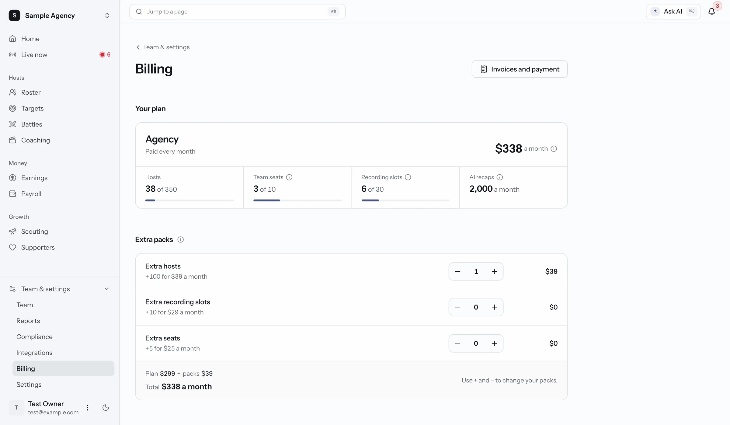 Billing page. The current plan with hosts, seats and recording slots used, plus extra packs you can add or remove. Sample data.