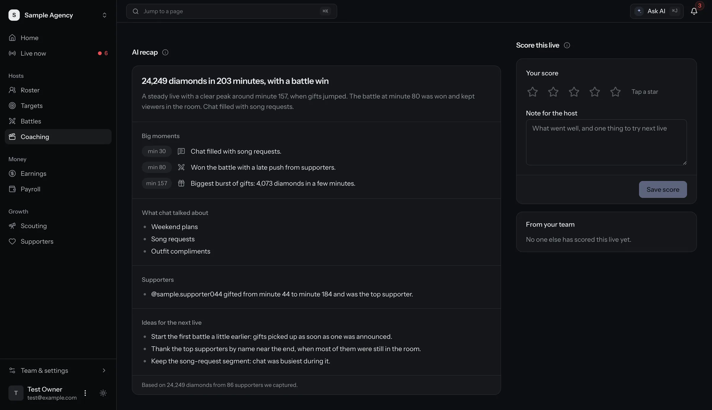 Coaching page for one live. An AI recap with the headline, big moments by minute, what chat talked about, the top supporter and ideas for the next live, next to a score for the host. Sample data.