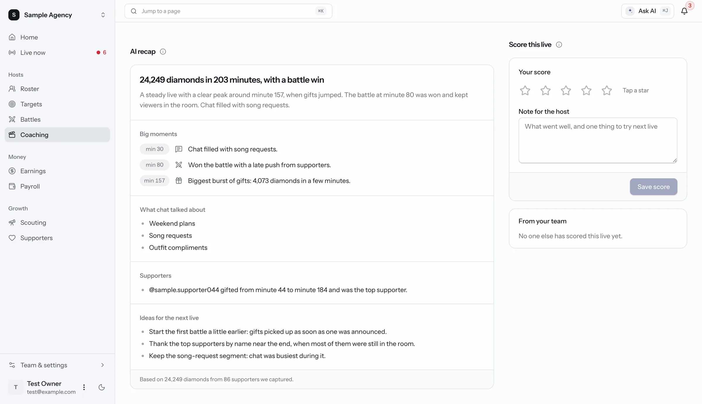 Coaching page for one live. An AI recap with the headline, big moments by minute, what chat talked about, the top supporter and ideas for the next live, next to a score for the host. Sample data.