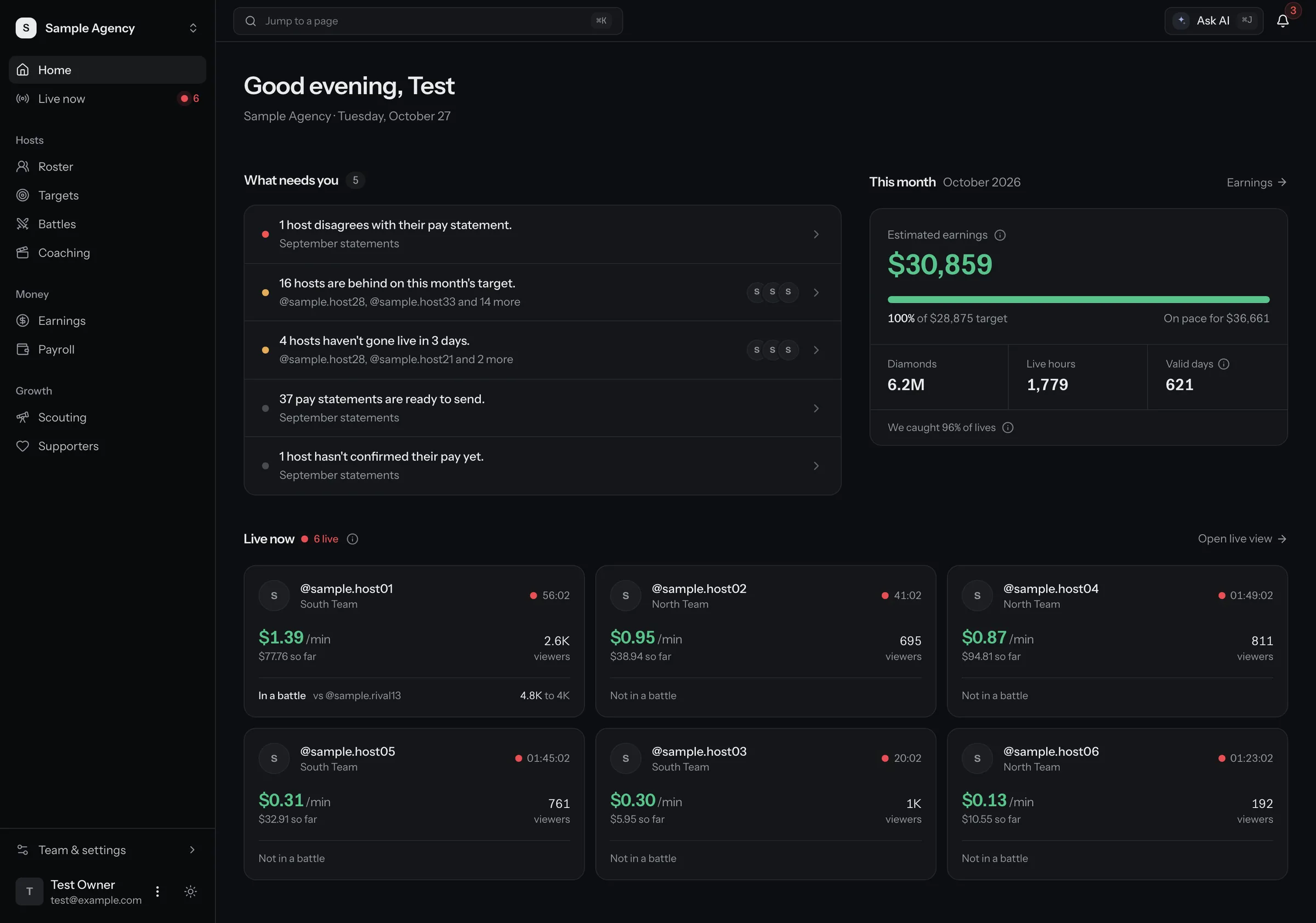 Agency home page. A list of what needs you today, this month's earnings against the target, and the hosts who are live now. Sample data.