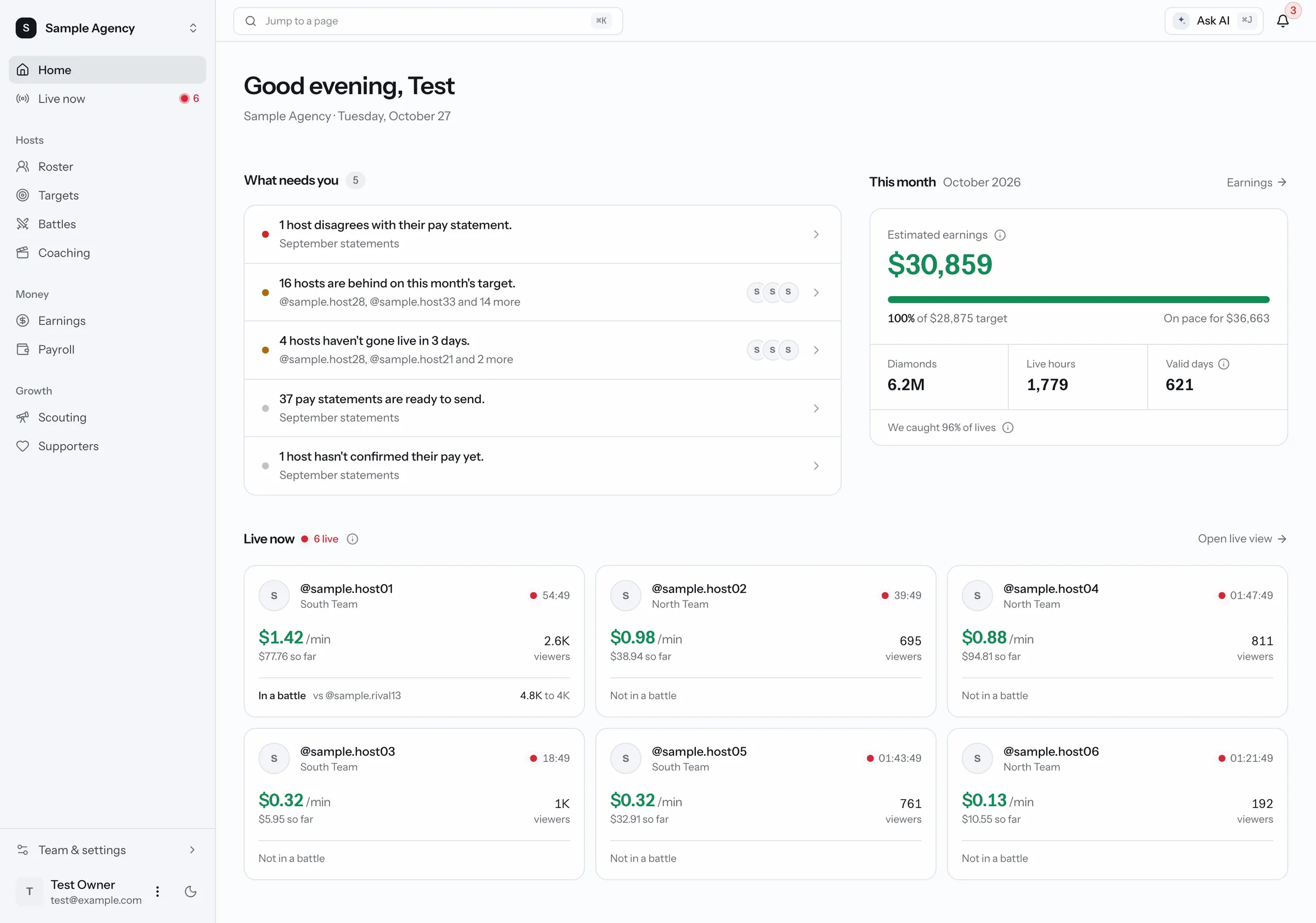 Agency home page. A list of what needs you today, this month's earnings against the target, and the hosts who are live now. Sample data.