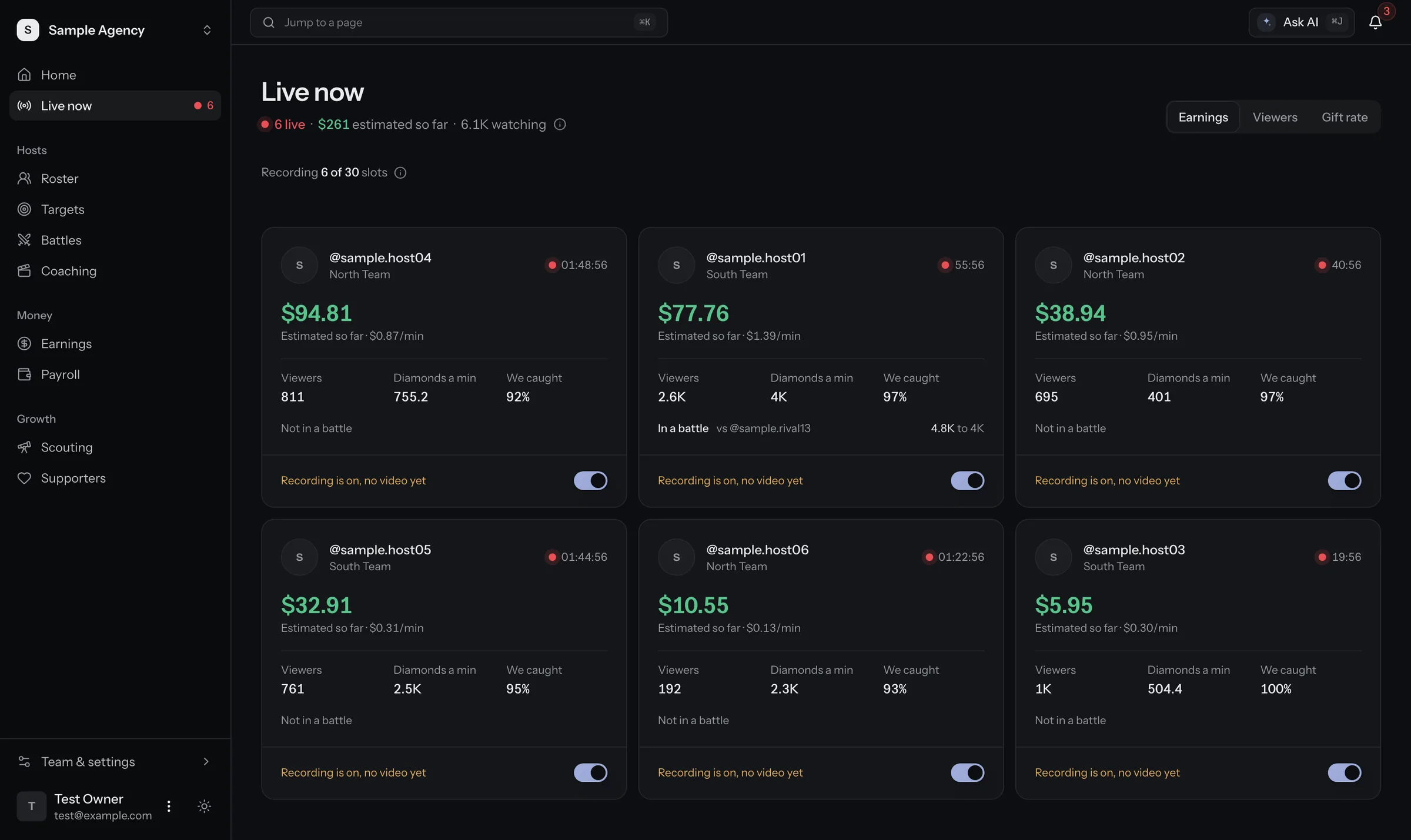 Live now page. One card per live host with estimated earnings so far, viewers, diamonds a minute and battle status. Sample data.