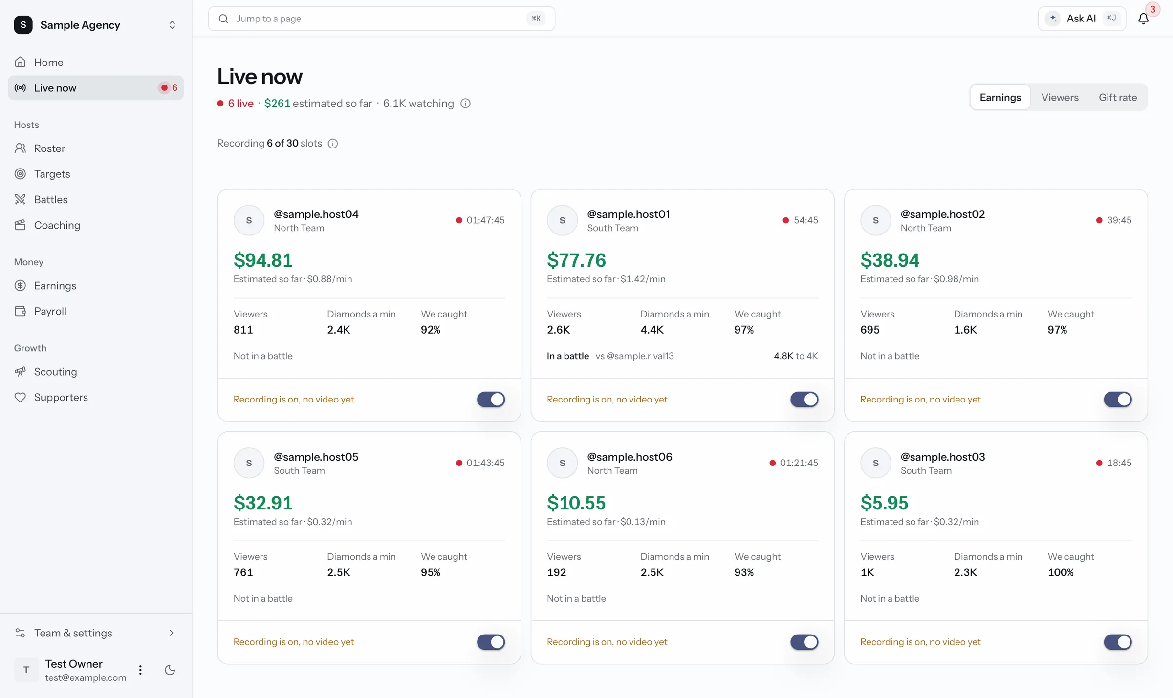Live now page. One card per live host with estimated earnings so far, viewers, diamonds a minute and battle status. Sample data.