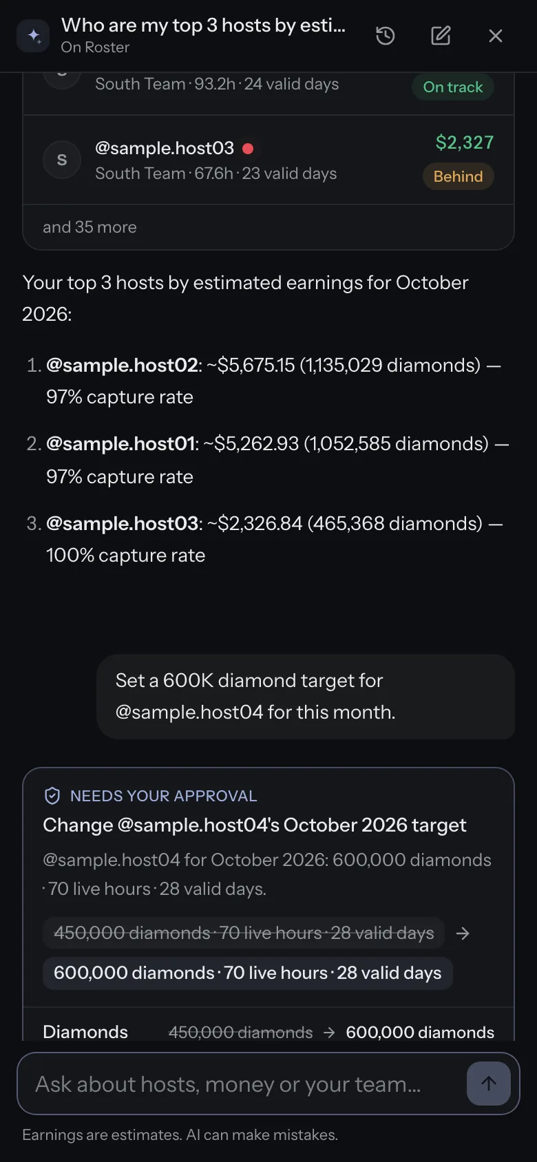TikMonitor AI on a phone. An answer about top hosts and a target change waiting for approval. Sample data.
