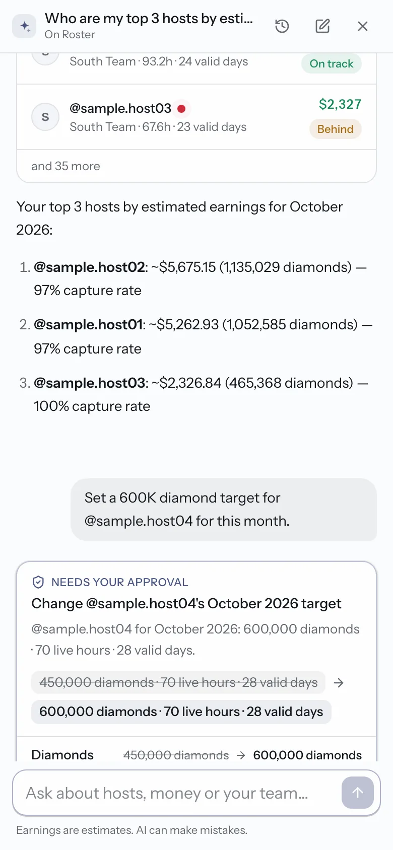 TikMonitor AI on a phone. An answer about top hosts and a target change waiting for approval. Sample data.