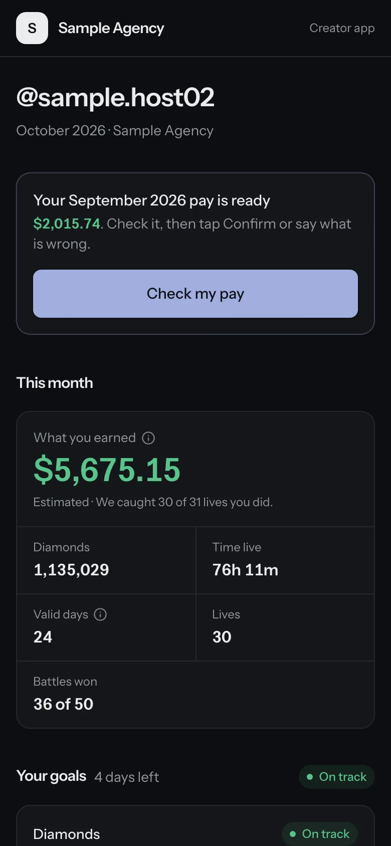 The creator app on a phone, as a host sees it. Last month's pay to check, and this month's estimated earnings, diamonds, time live and valid days. Sample data.