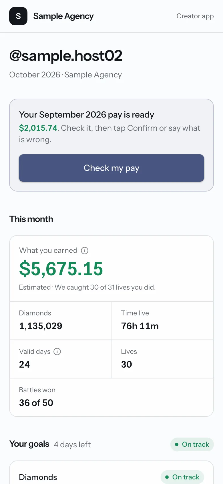 The creator app on a phone, as a host sees it. Last month's pay to check, and this month's estimated earnings, diamonds, time live and valid days. Sample data.