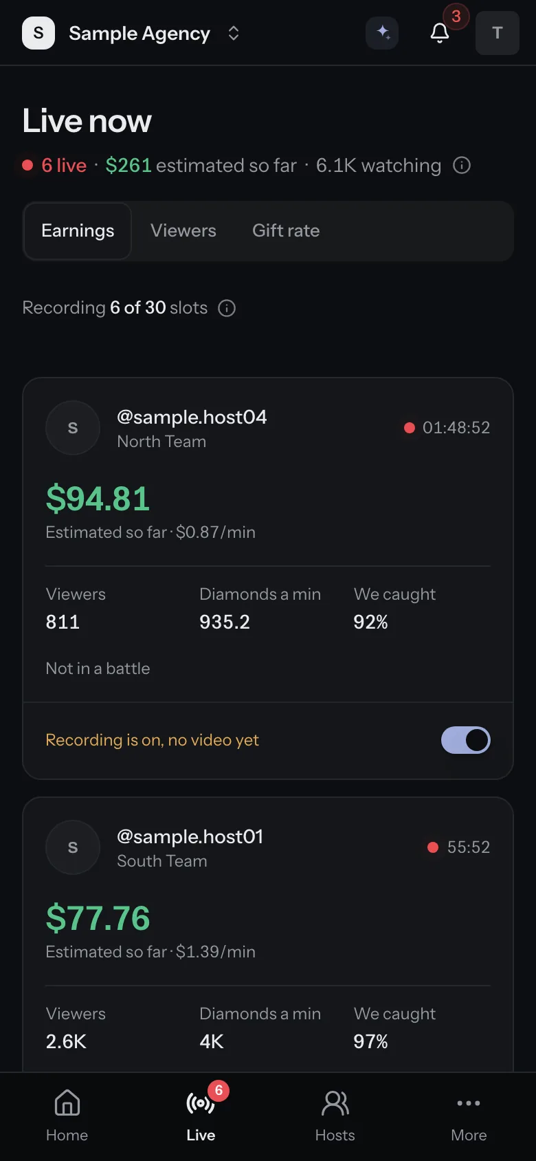 Live now on a phone. Each live host's estimated earnings, viewers and diamonds a minute. Sample data.