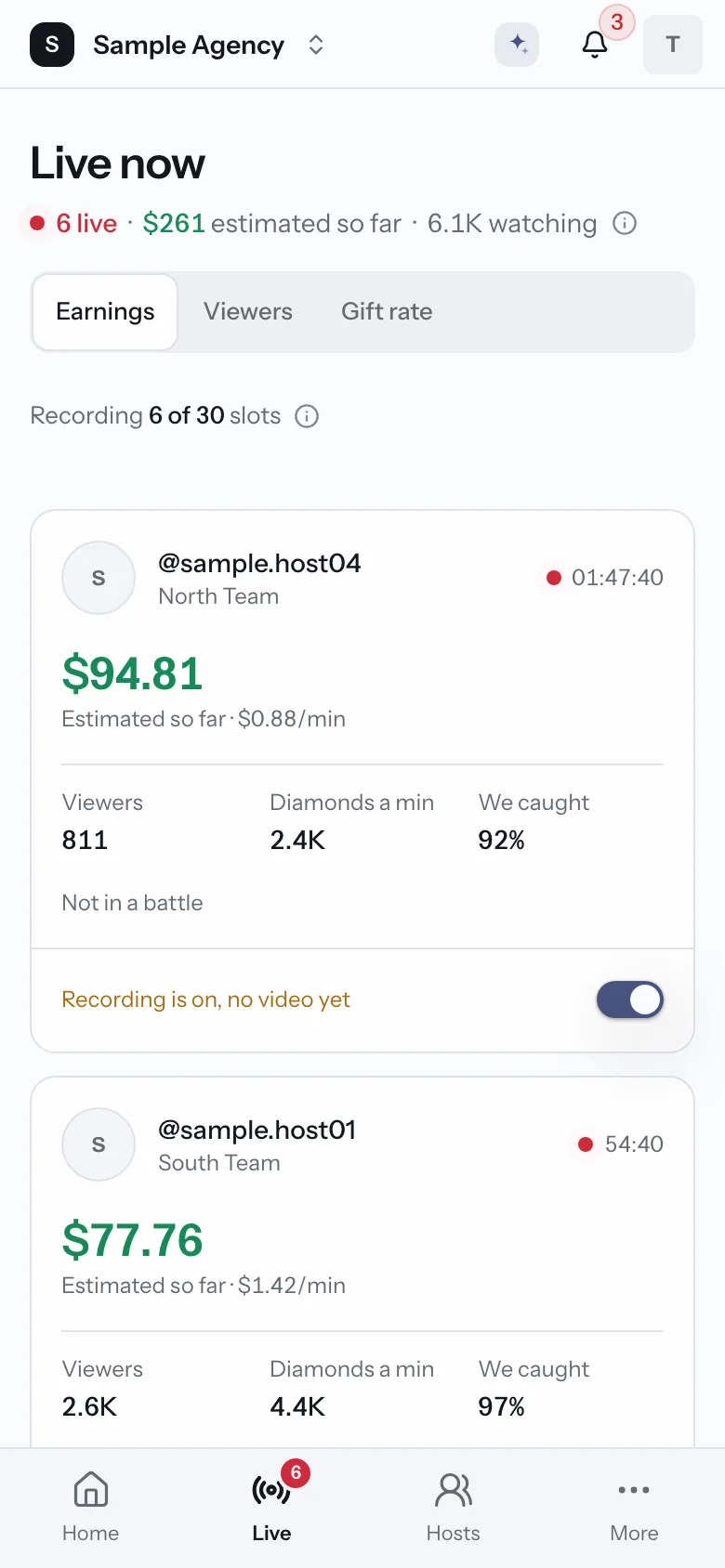 Live now on a phone. Each live host's estimated earnings, viewers and diamonds a minute. Sample data.