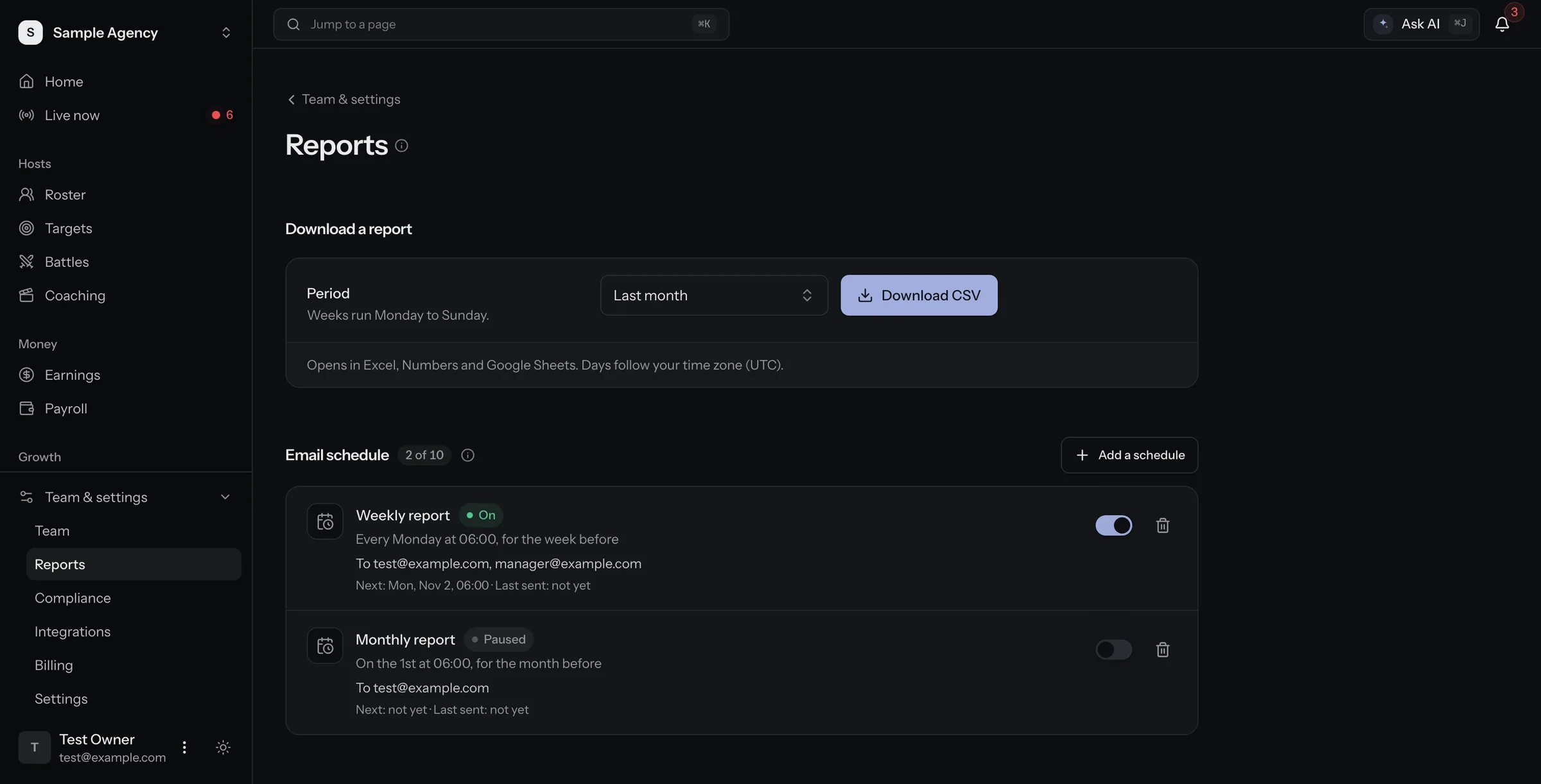Reports page. Download a CSV for any period, and a weekly and a monthly report sent by email on a schedule. Sample data.