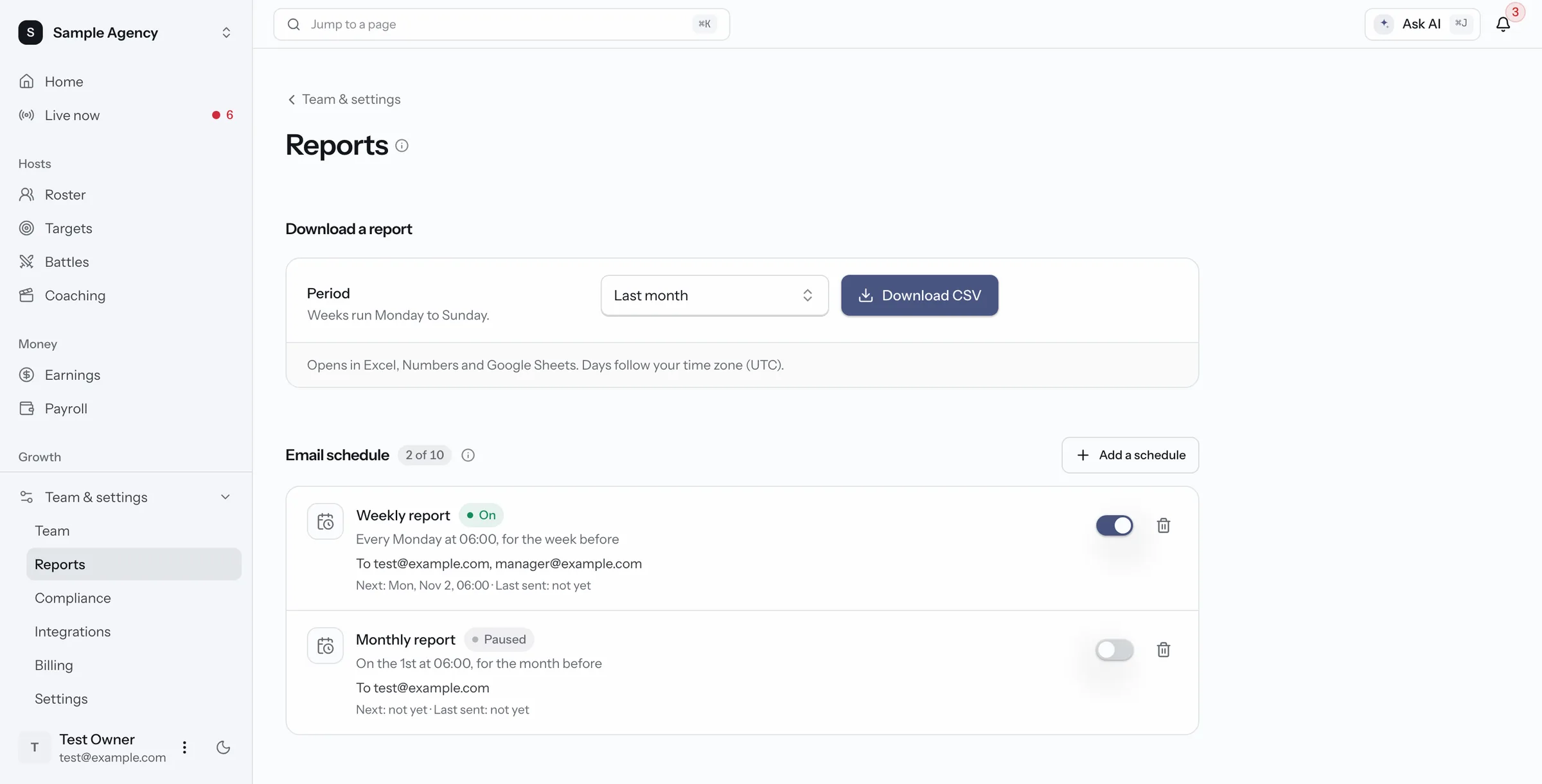 Reports page. Download a CSV for any period, and a weekly and a monthly report sent by email on a schedule. Sample data.