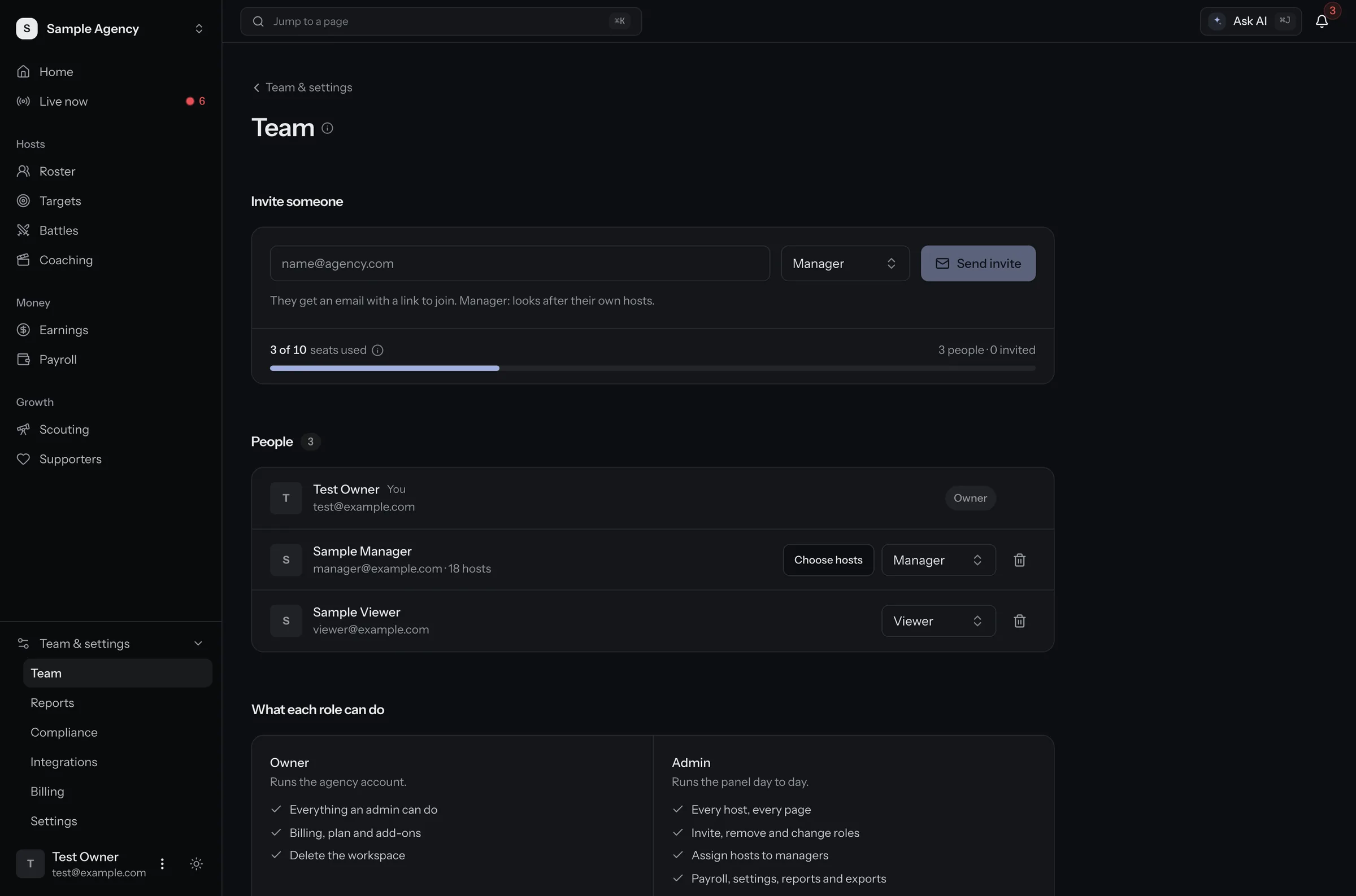 Team page. Invite managers and viewers, see seats used, and choose which hosts each manager looks after. Sample data.