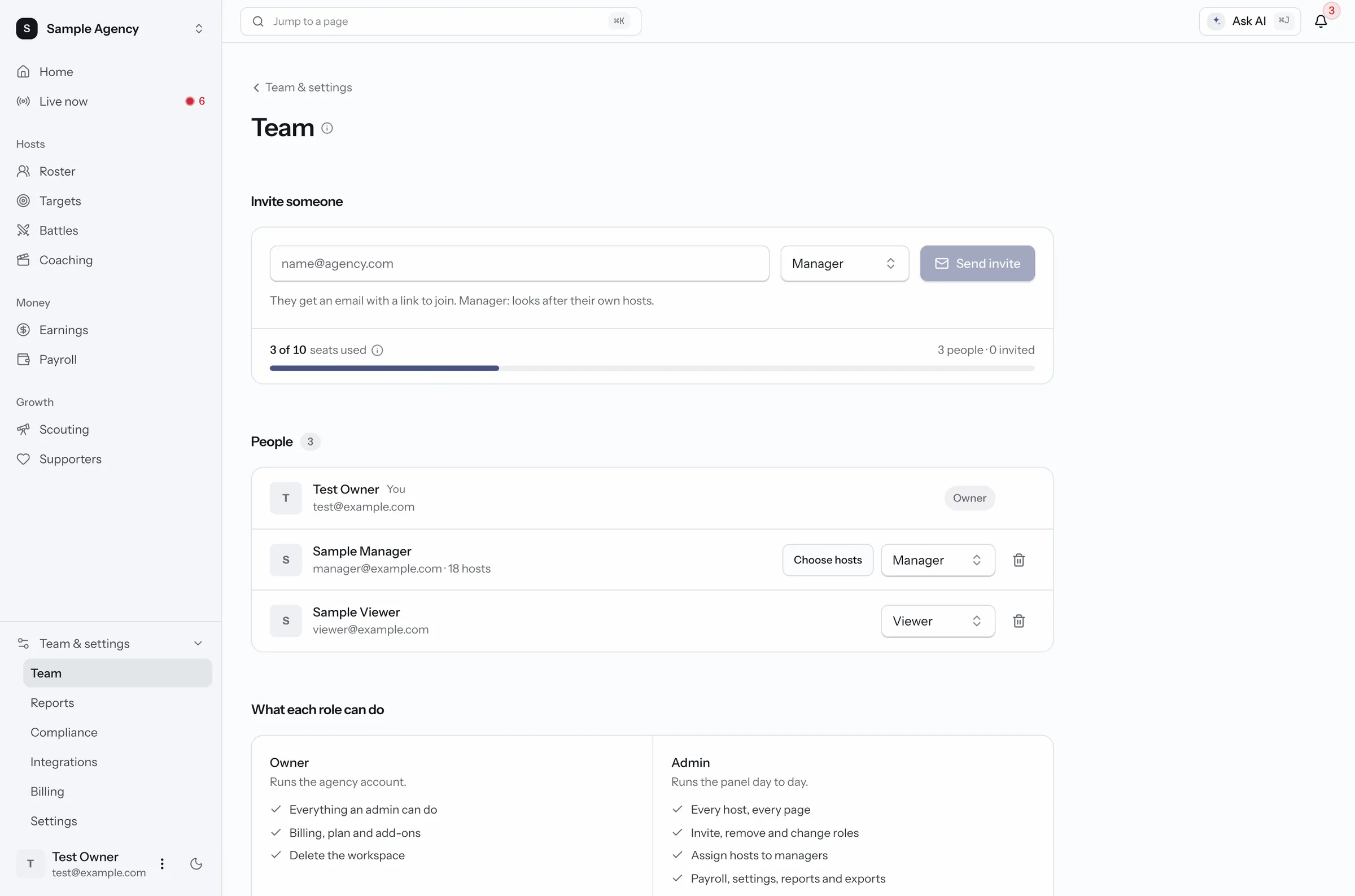 Team page. Invite managers and viewers, see seats used, and choose which hosts each manager looks after. Sample data.